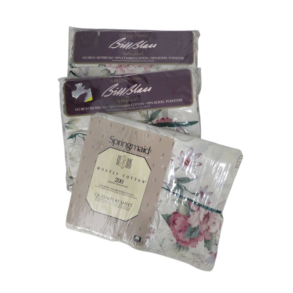 Vintage Bill Blass Springmaid Romance Rose Queen Flat Sheet 2 Shams Cottagecore